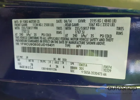 2014 Ford Escape Se z USA, uszkodzony, nr VIN 1FMCU9G93EUD15431